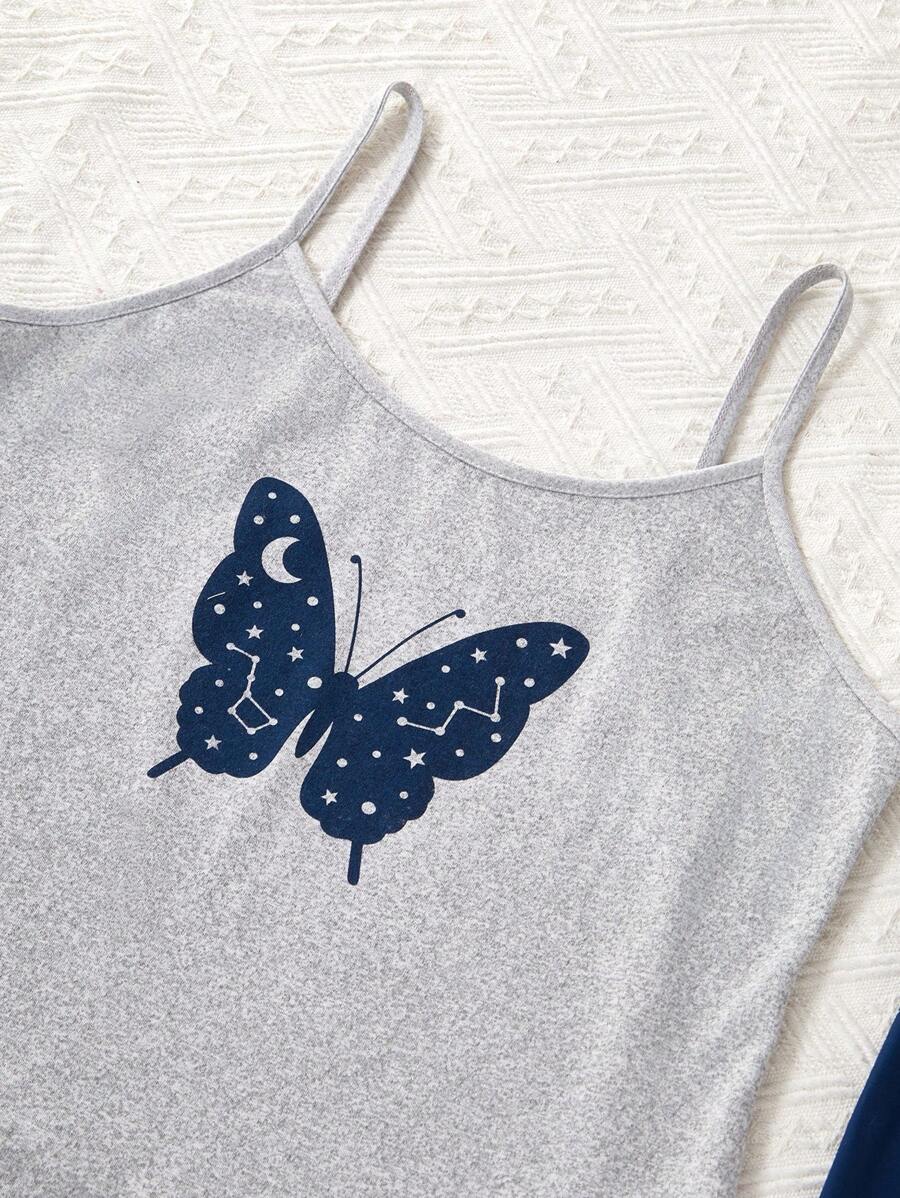 SHEIN طقم بيجامة نسائي 3 قطع مطبوع بالفراشات والفضاء