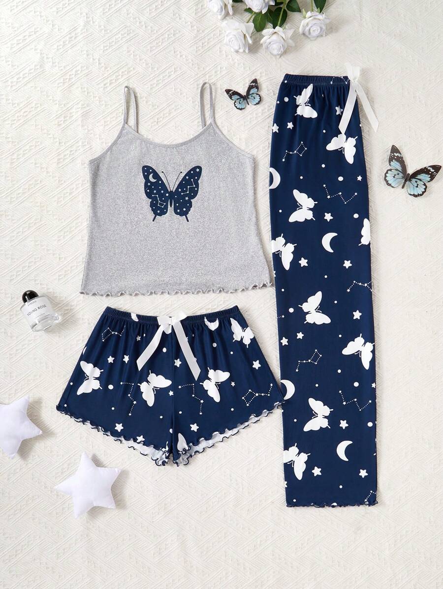 SHEIN طقم بيجامة نسائي 3 قطع مطبوع بالفراشات والفضاء