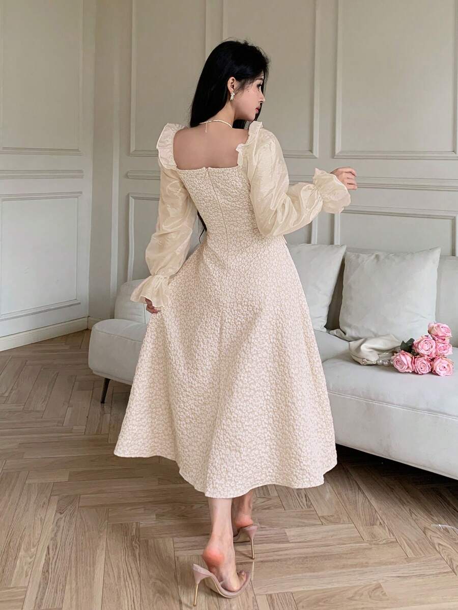 SHEIN Feyla فستان طويل بياقة مربعة وأكمام طويلة بلون كاكي