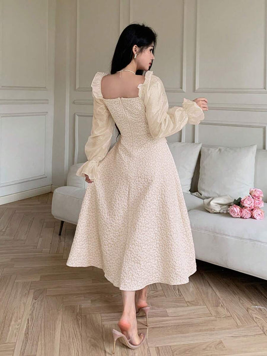 SHEIN Feyla فستان طويل بياقة مربعة وأكمام طويلة بلون كاكي