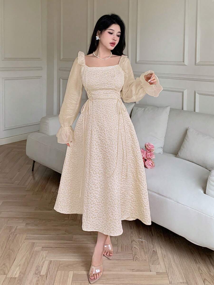 SHEIN Feyla فستان طويل بياقة مربعة وأكمام طويلة بلون كاكي
