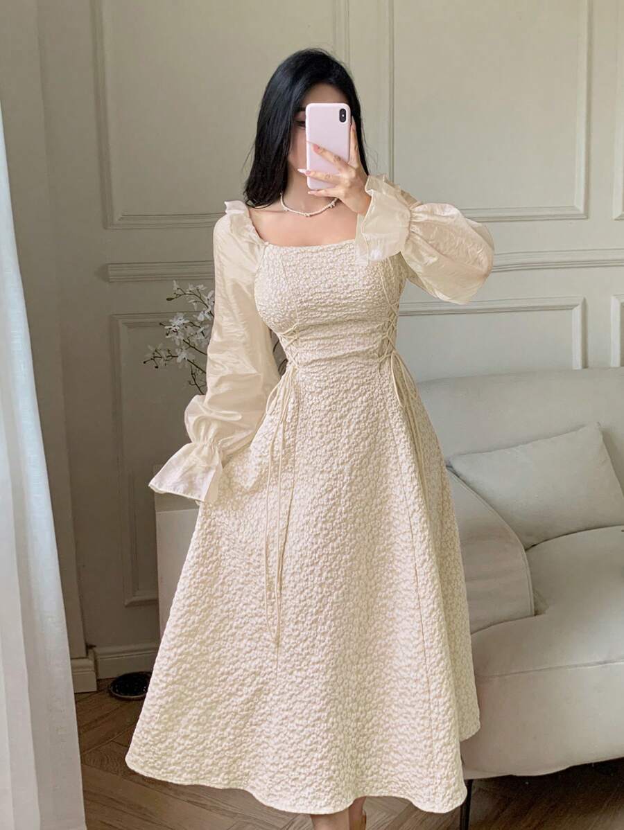 SHEIN Feyla فستان طويل بياقة مربعة وأكمام طويلة بلون كاكي