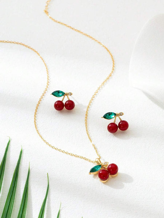 SHEIN طقم مجوهرات قرطان وقلادة بتصميم الكرز والفراولة