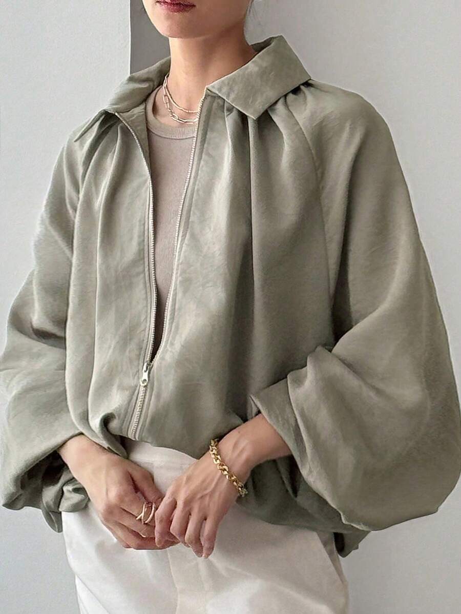 SHEIN FRIFUL جاكيت نسائي فضفاض بياقة ملونة وأكمام منسدلة وسحاب