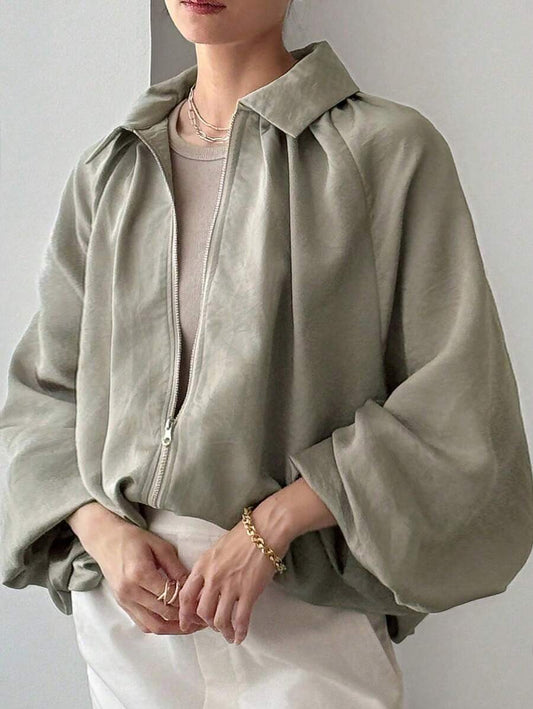 SHEIN FRIFUL جاكيت نسائي فضفاض بياقة ملونة وأكمام منسدلة وسحاب