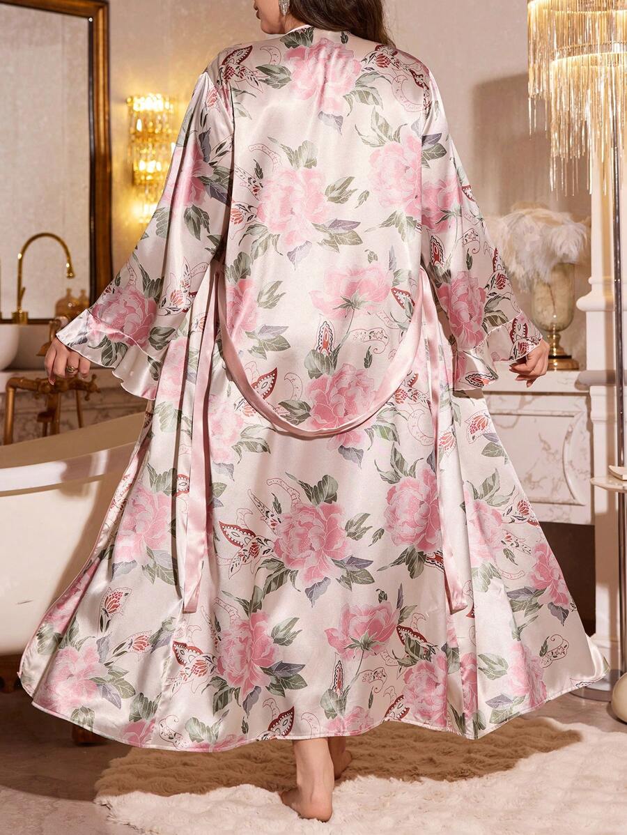 SHEIN LuxeNights قميص نوم حريري مطبوع وردة مقاس كبير