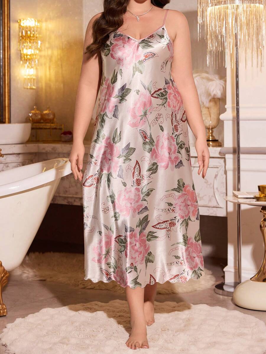 SHEIN LuxeNights قميص نوم حريري مطبوع وردة مقاس كبير