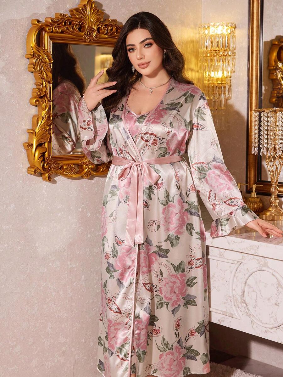 SHEIN LuxeNights قميص نوم حريري مطبوع وردة مقاس كبير