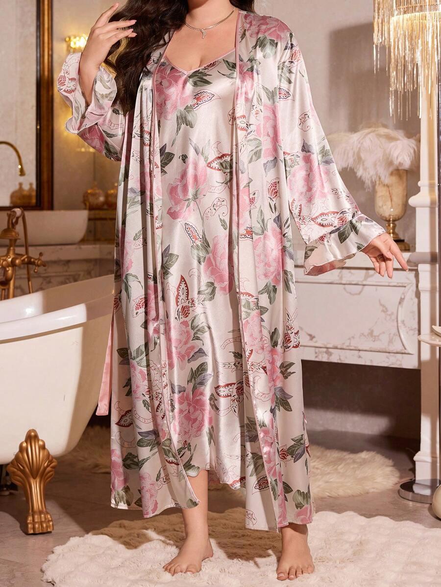 SHEIN LuxeNights قميص نوم حريري مطبوع وردة مقاس كبير