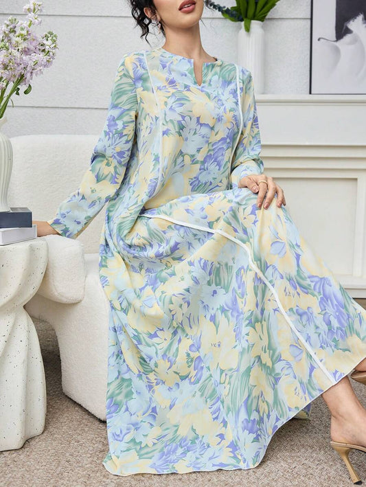 SHEIN Yasmyna فستان عربي بأكمام طويلة وطبعة زهرية كاجوال