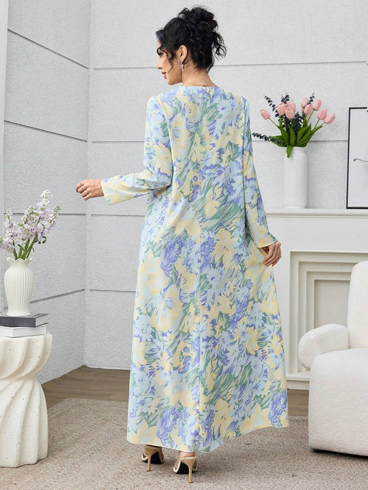 SHEIN Yasmyna فستان عربي بأكمام طويلة وطبعة زهرية كاجوال