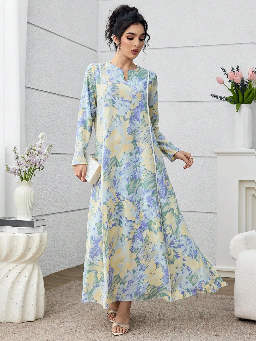 SHEIN Yasmyna فستان عربي بأكمام طويلة وطبعة زهرية كاجوال