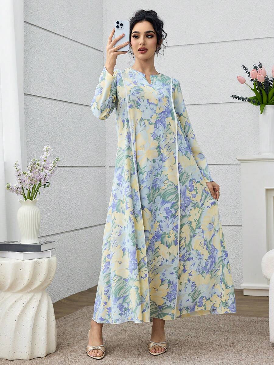 SHEIN Yasmyna فستان عربي بأكمام طويلة وطبعة زهرية كاجوال