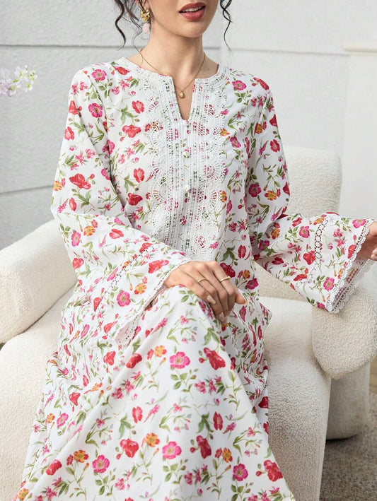 SHEIN فستان فضفاض مريح بطبعة موجة وأزهار أنيقة