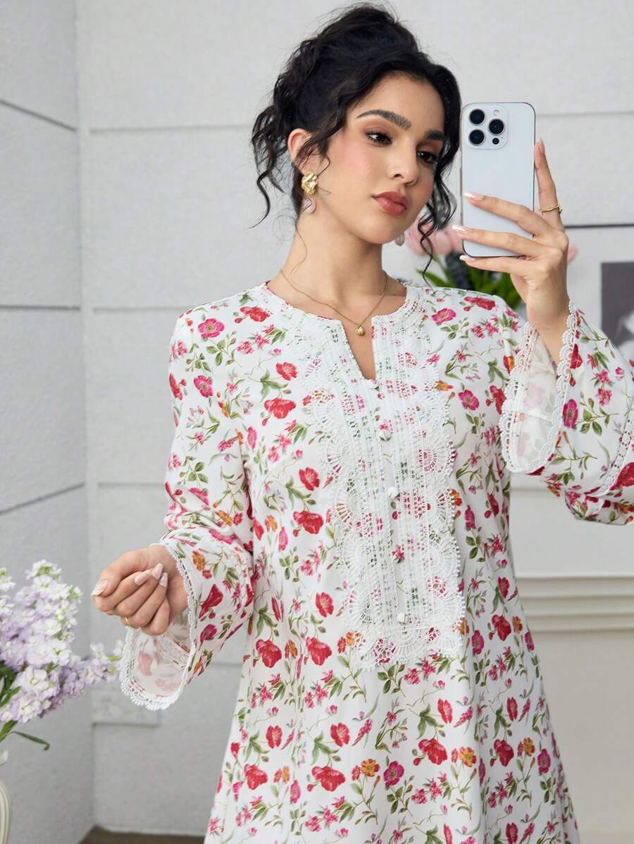SHEIN فستان فضفاض مريح بطبعة موجة وأزهار أنيقة