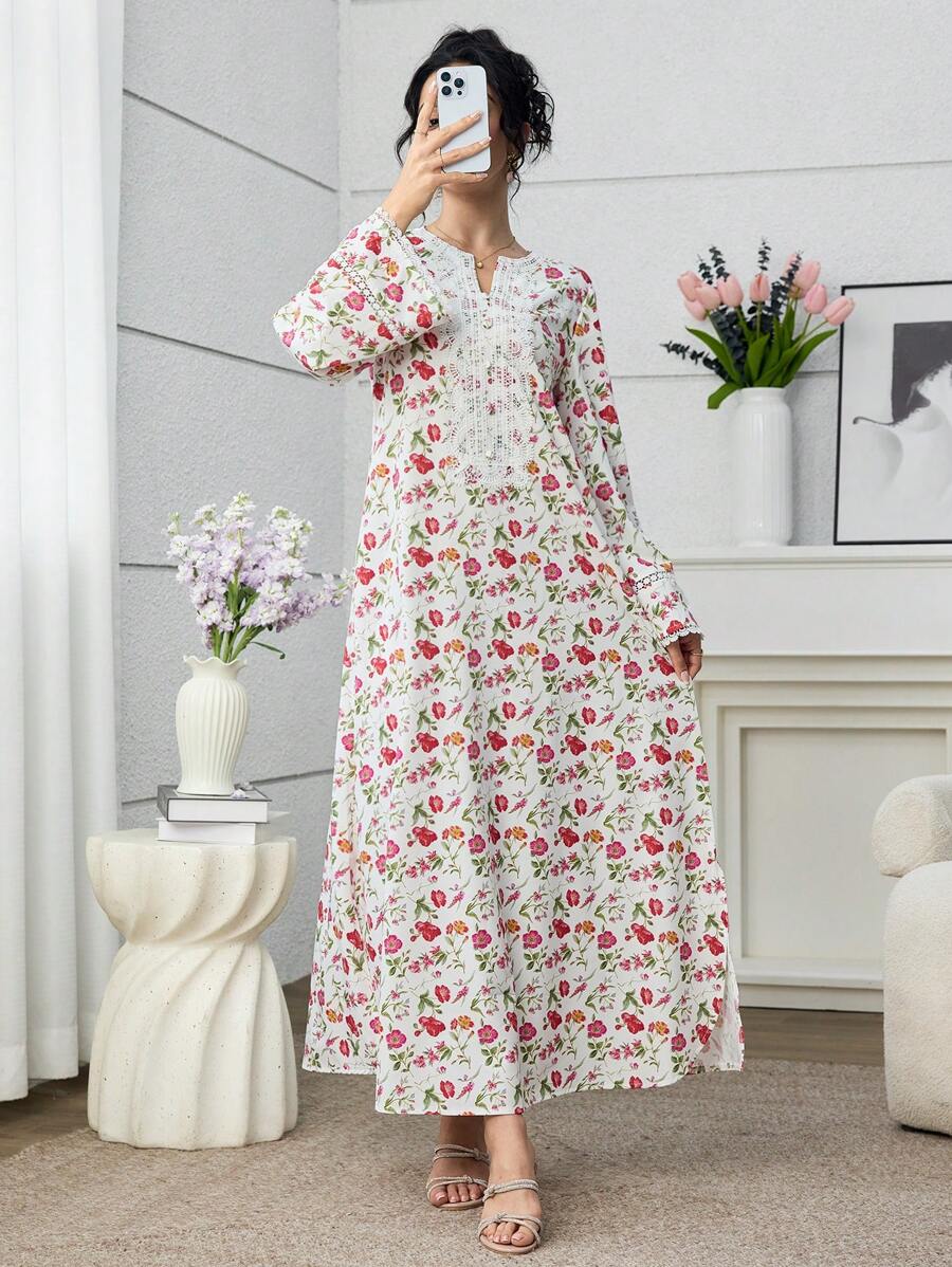 SHEIN فستان فضفاض مريح بطبعة موجة وأزهار أنيقة
