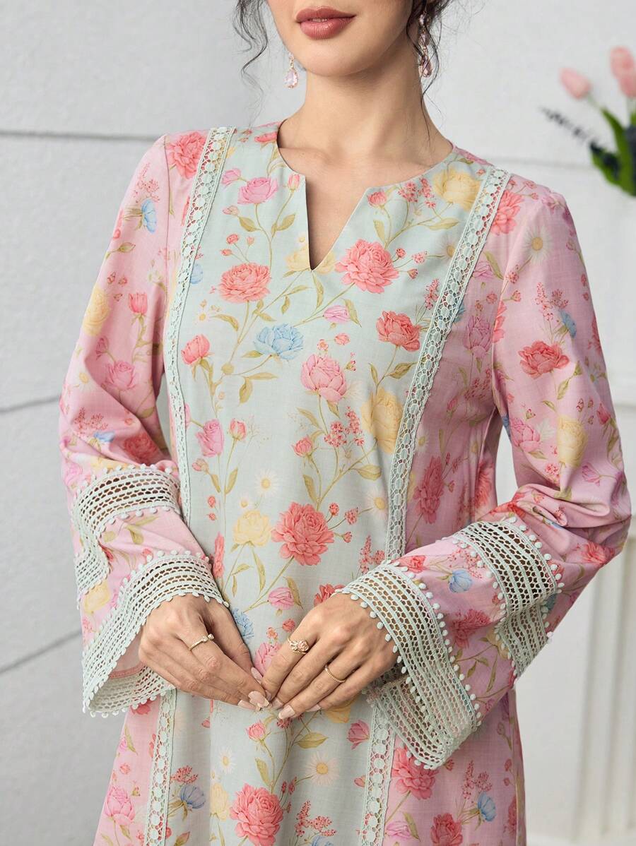 SHEIN Yasmyna فستان كاجوال فضفاض دانتيل زهري