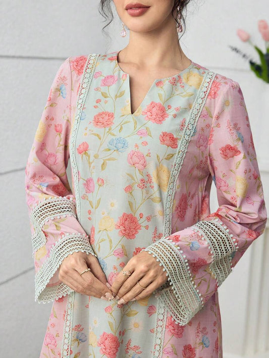 SHEIN Yasmyna فستان كاجوال فضفاض دانتيل زهري