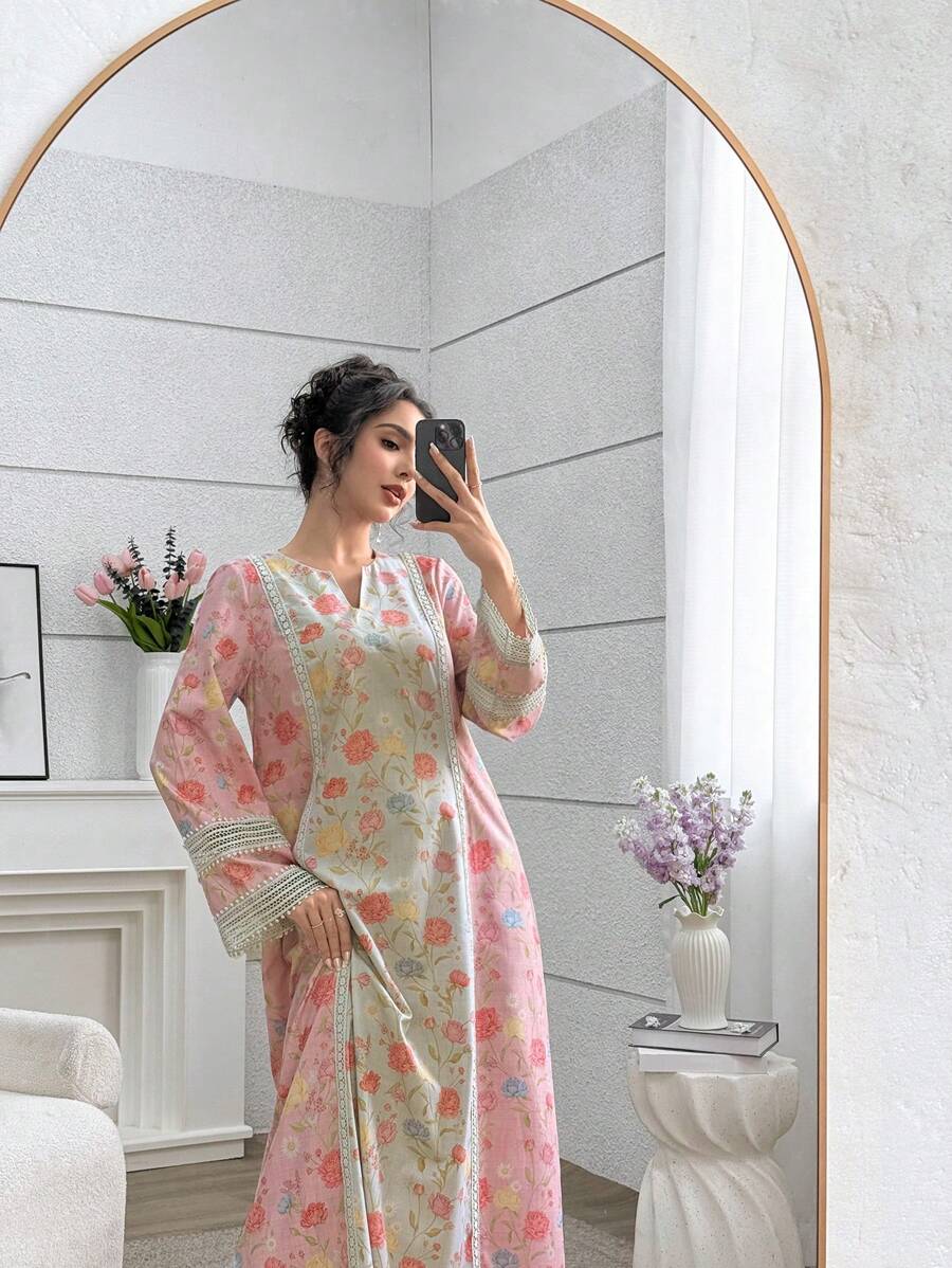 SHEIN Yasmyna فستان كاجوال فضفاض دانتيل زهري