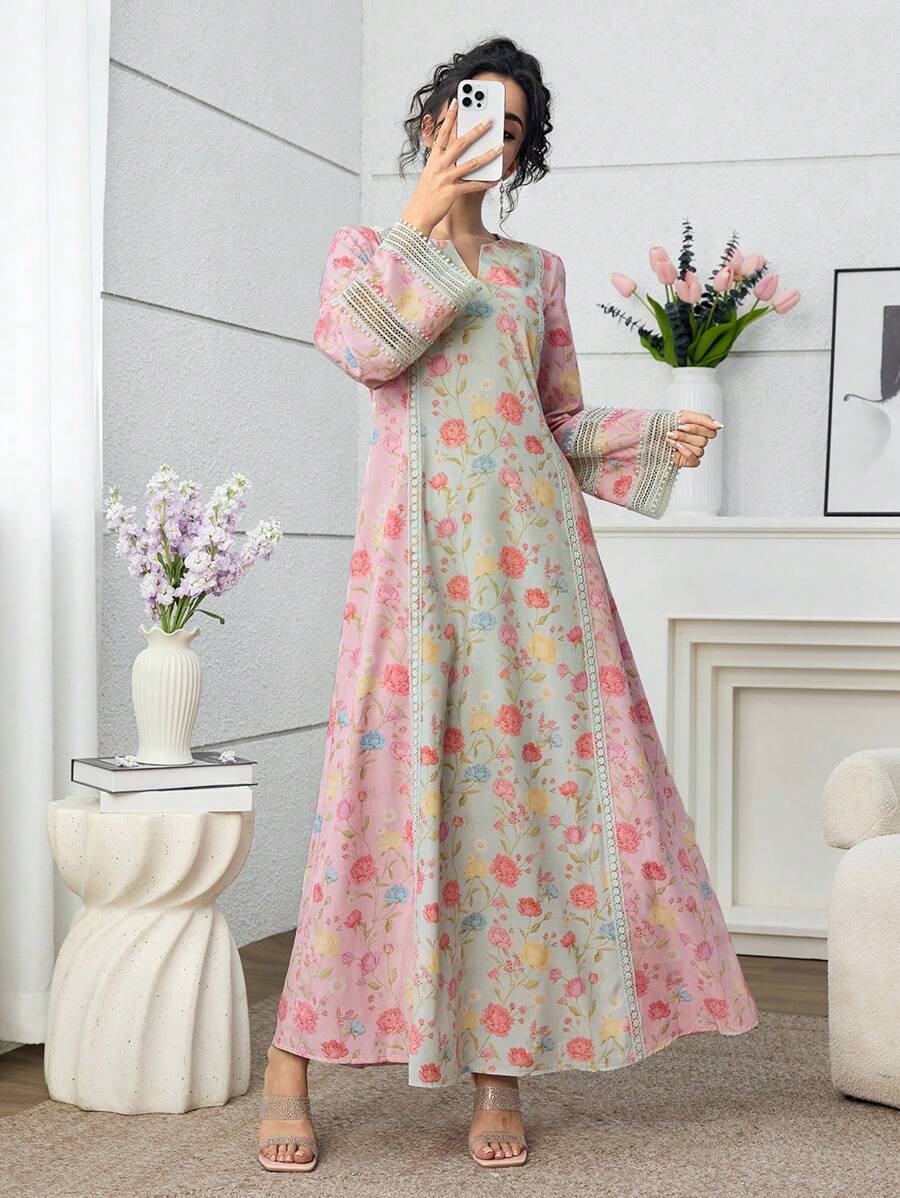 SHEIN Yasmyna فستان كاجوال فضفاض دانتيل زهري