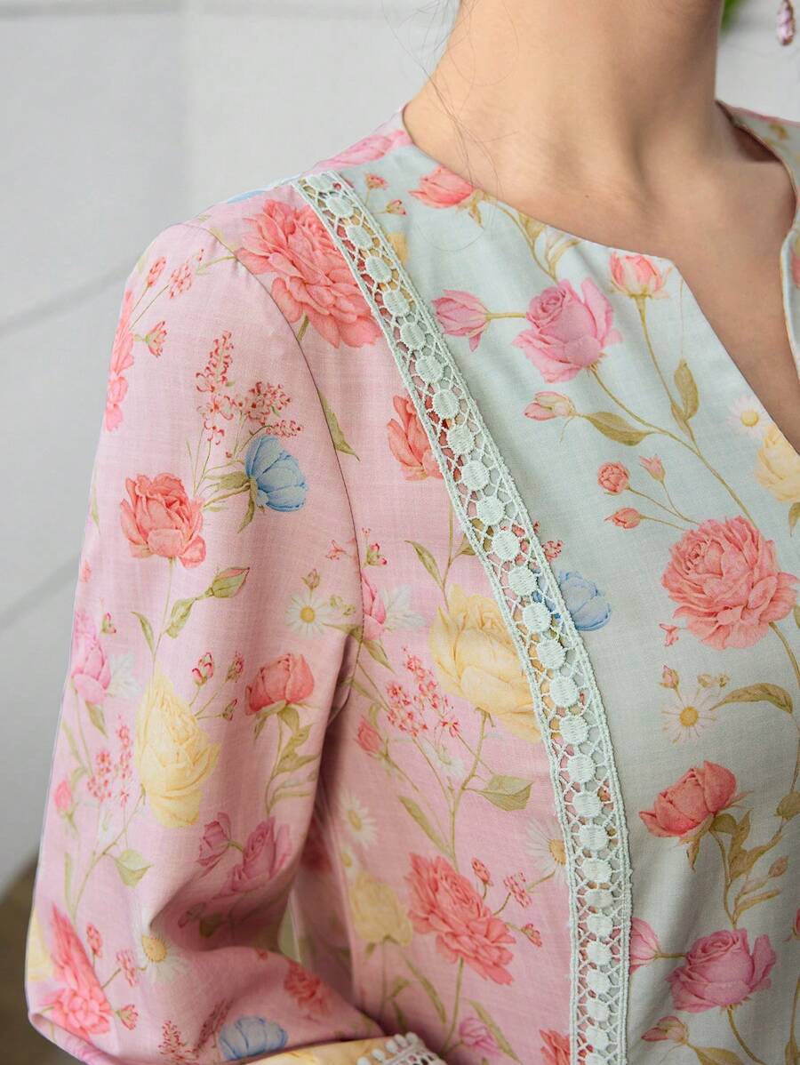 SHEIN Yasmyna فستان كاجوال فضفاض دانتيل زهري