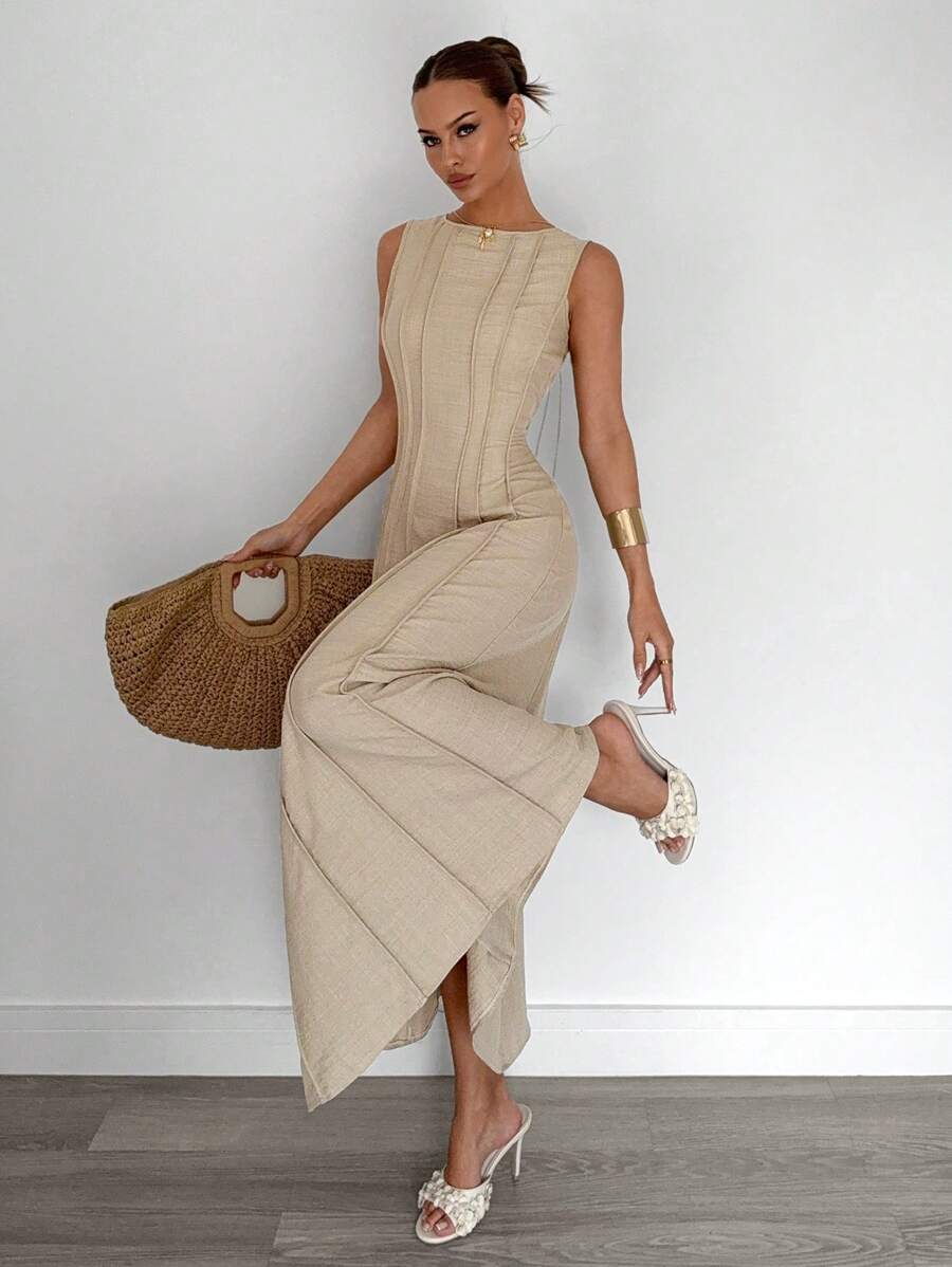SHEIN Siren Gaze فستان صيفي بأكمام قصيرة مخطط بلون مشمشي