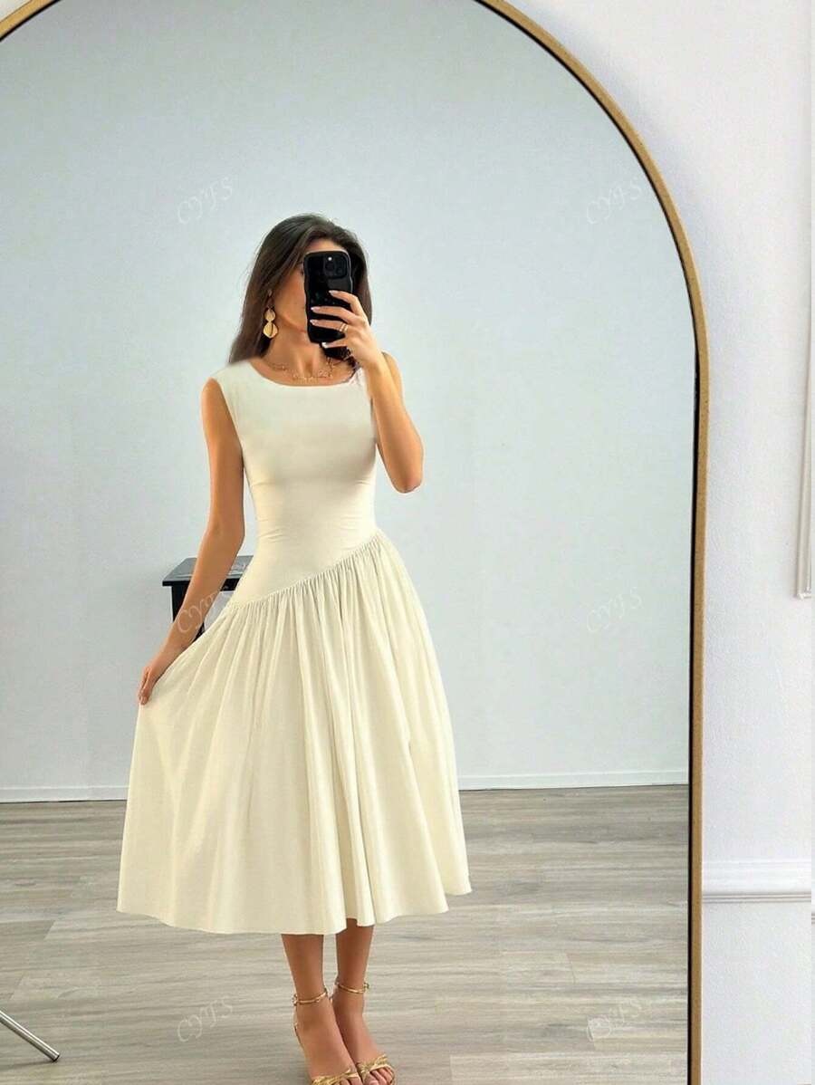 SHEIN فستان صيفي ربيعي بلون بيج بدون أكمام بتصميم تريندي جذاب