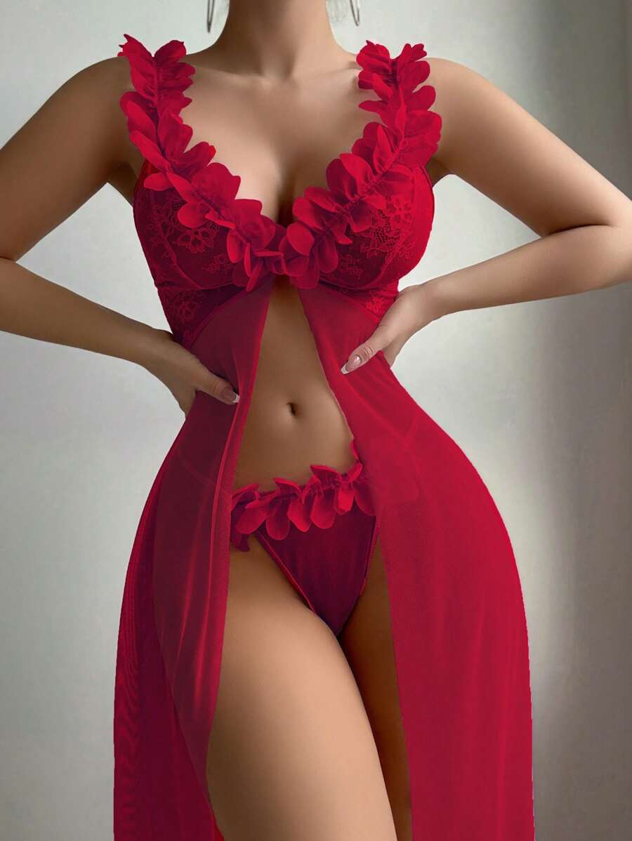 SHEIN طقم نوم قطعتين ثوب طويل زهري شبكي ودانتيل وسروال داخلي