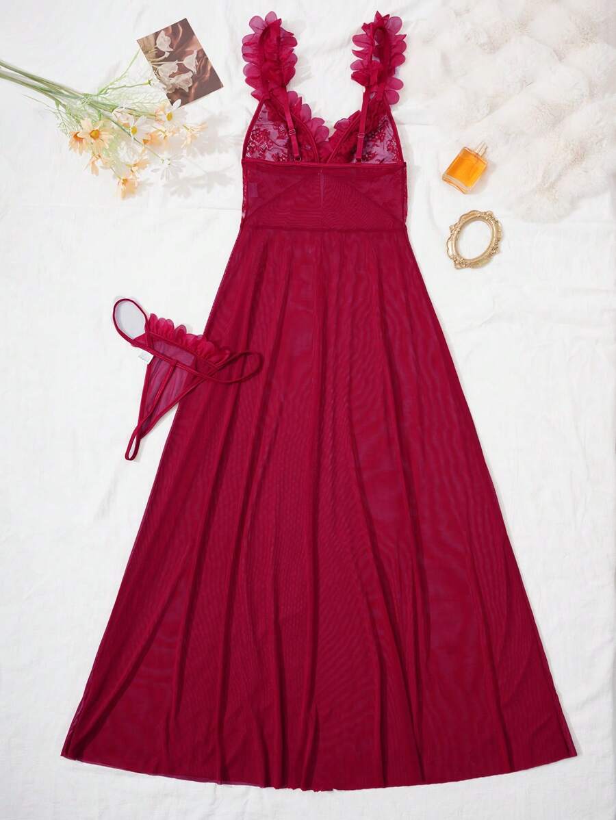 SHEIN طقم نوم قطعتين ثوب طويل زهري شبكي ودانتيل وسروال داخلي