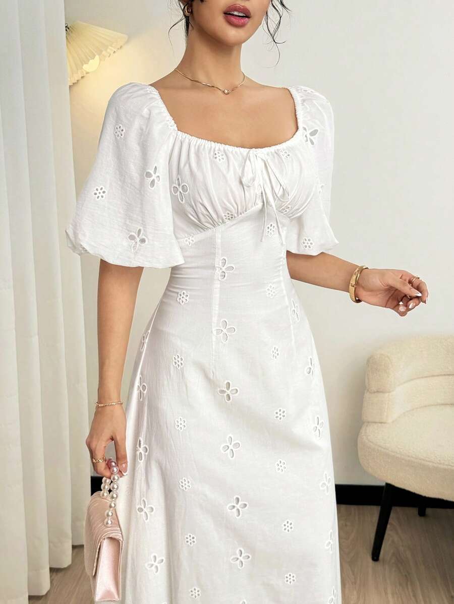 SHEIN Modelyn فستان أبيض مطرز بياقة مربعة وأكمام منتفخة وخصر مربوط