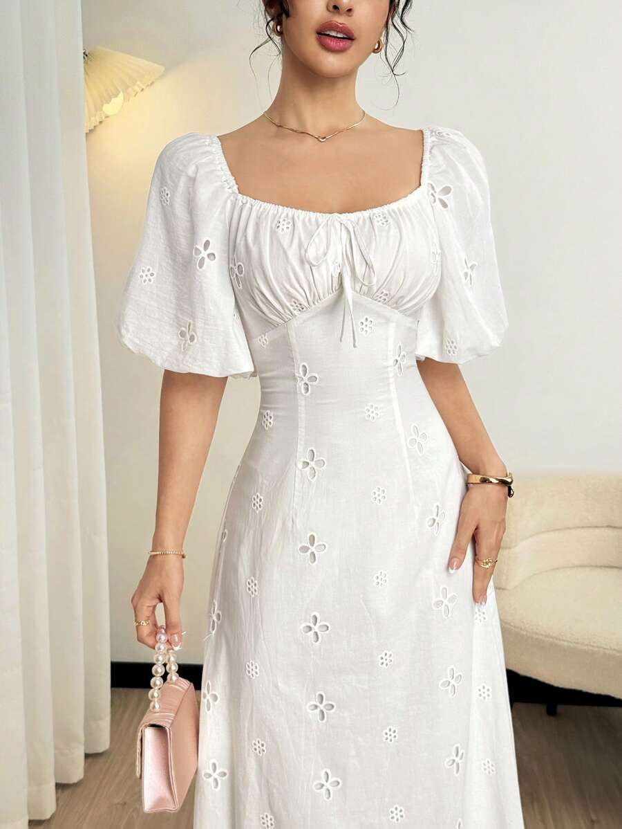 SHEIN Modelyn فستان أبيض مطرز بياقة مربعة وأكمام منتفخة وخصر مربوط