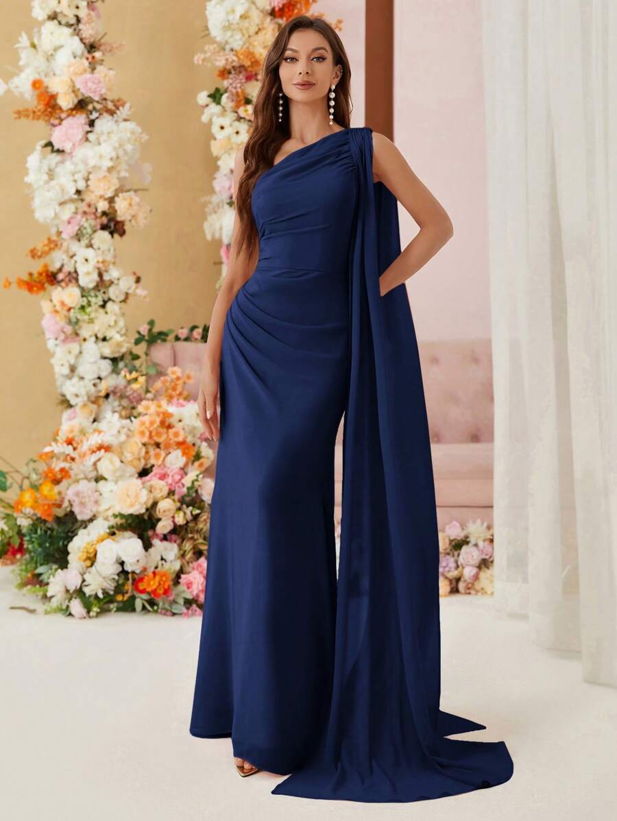 SHEIN Belle فستان من الشيفون غير متماثل بلون أزرق بحري
