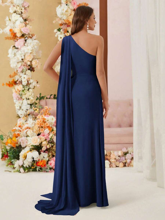 SHEIN Belle فستان من الشيفون غير متماثل بلون أزرق بحري