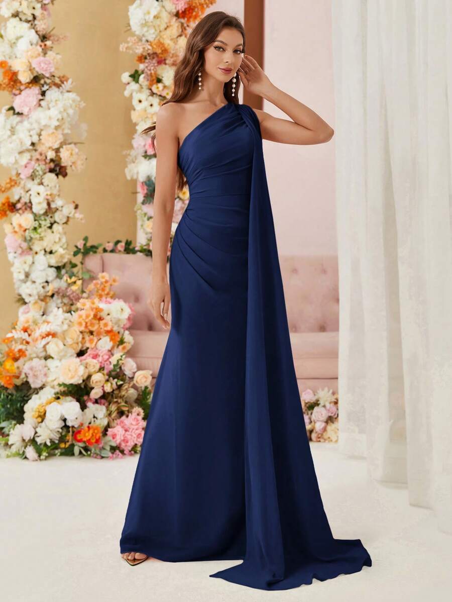 SHEIN Belle فستان من الشيفون غير متماثل بلون أزرق بحري