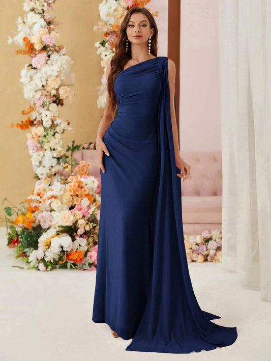 SHEIN Belle فستان من الشيفون غير متماثل بلون أزرق بحري