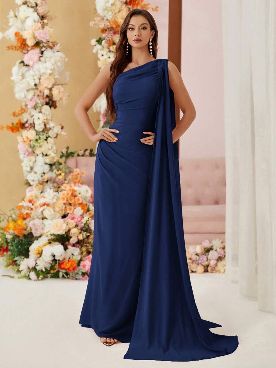 SHEIN Belle فستان من الشيفون غير متماثل بلون أزرق بحري