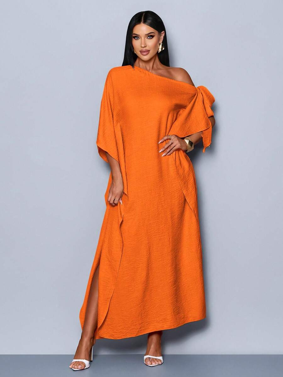 SHEIN SOLERSUN فستان ماكسي بكتف واحد وعقدة فيونكة بلون برتقالي