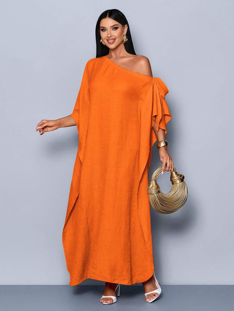 SHEIN SOLERSUN فستان ماكسي بكتف واحد وعقدة فيونكة بلون برتقالي