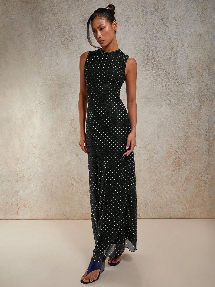 SHEIN COSMINA فستان أسود بطبعة نقاط بولكا