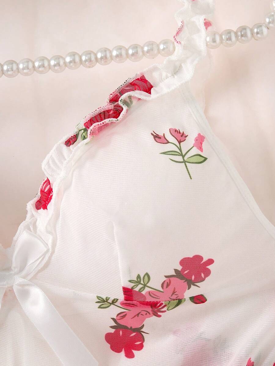 SHEIN طقم نوم 2 قطعة حريري بنقشة زهور وحاشية مطرزة وأشرطة