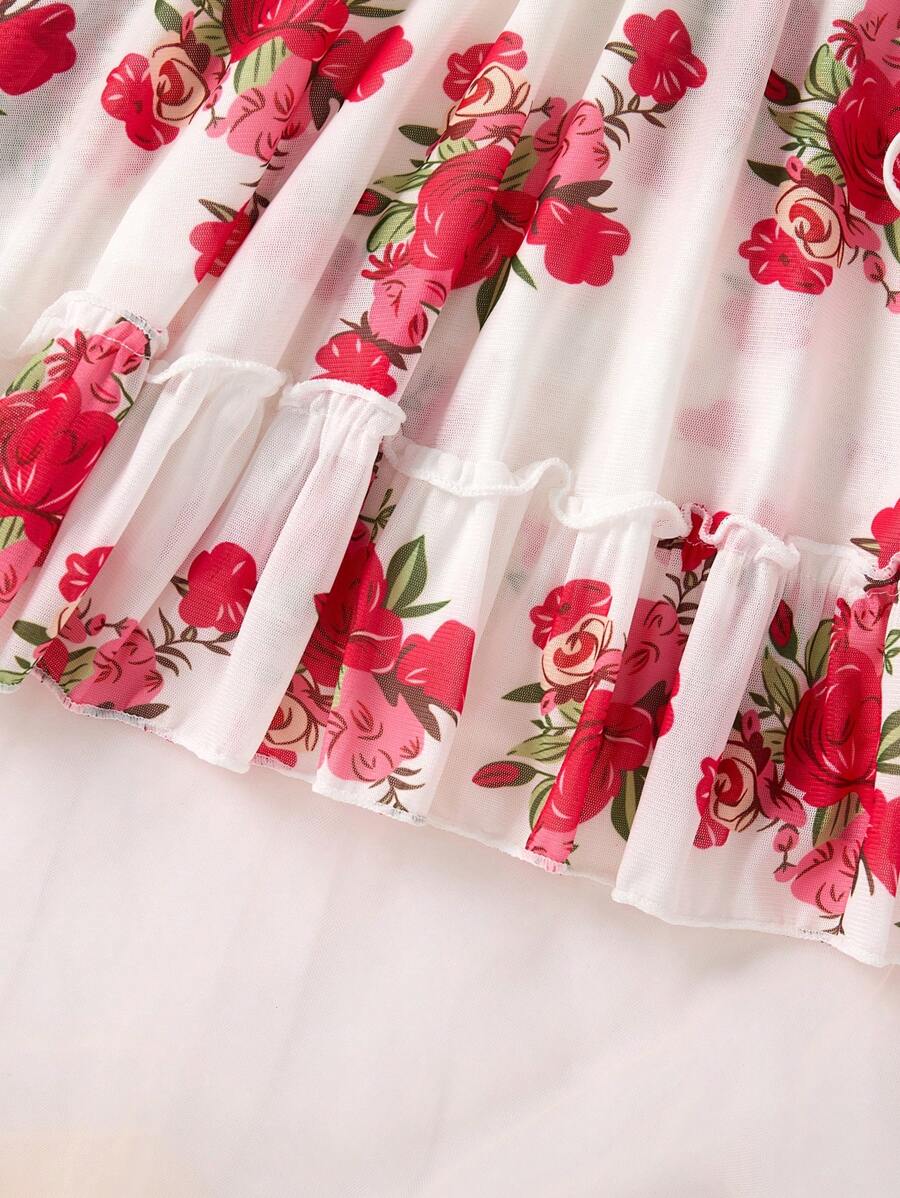 SHEIN طقم نوم 2 قطعة حريري بنقشة زهور وحاشية مطرزة وأشرطة