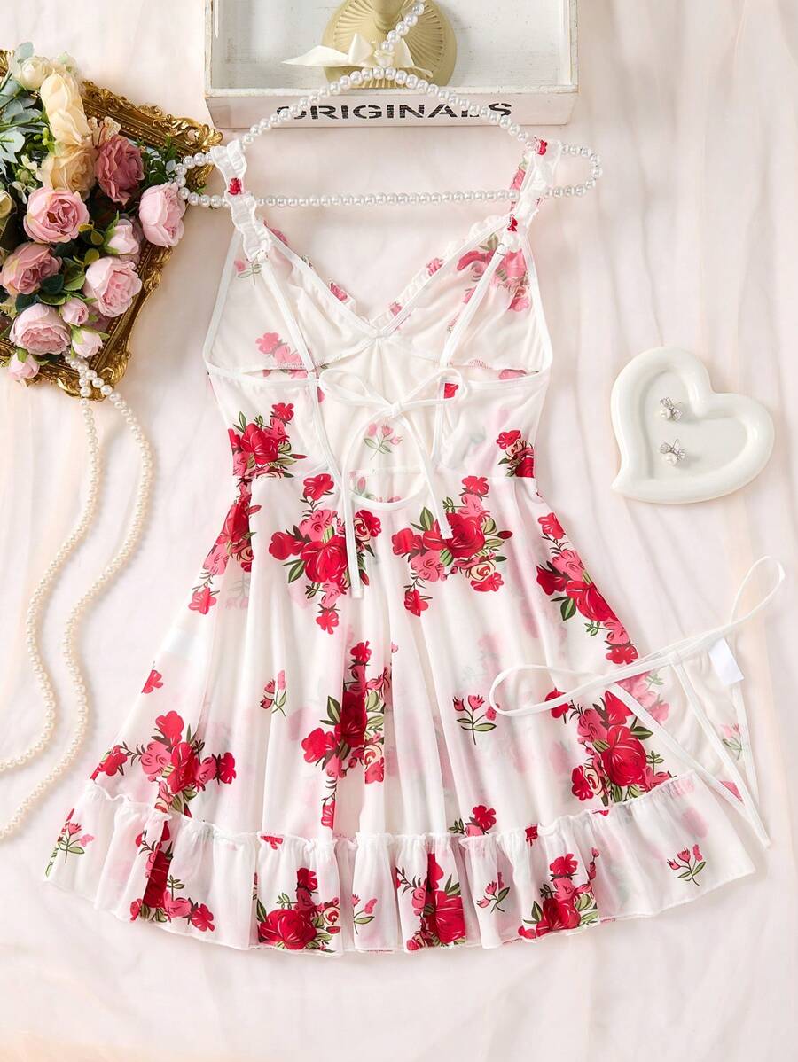 SHEIN طقم نوم 2 قطعة حريري بنقشة زهور وحاشية مطرزة وأشرطة