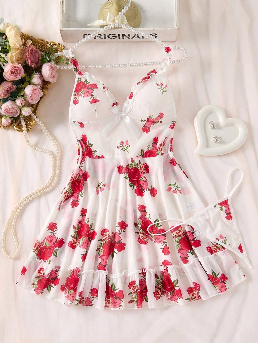 SHEIN طقم نوم 2 قطعة حريري بنقشة زهور وحاشية مطرزة وأشرطة