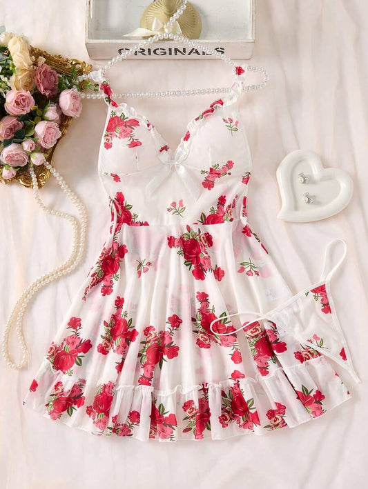 SHEIN طقم نوم 2 قطعة حريري بنقشة زهور وحاشية مطرزة وأشرطة