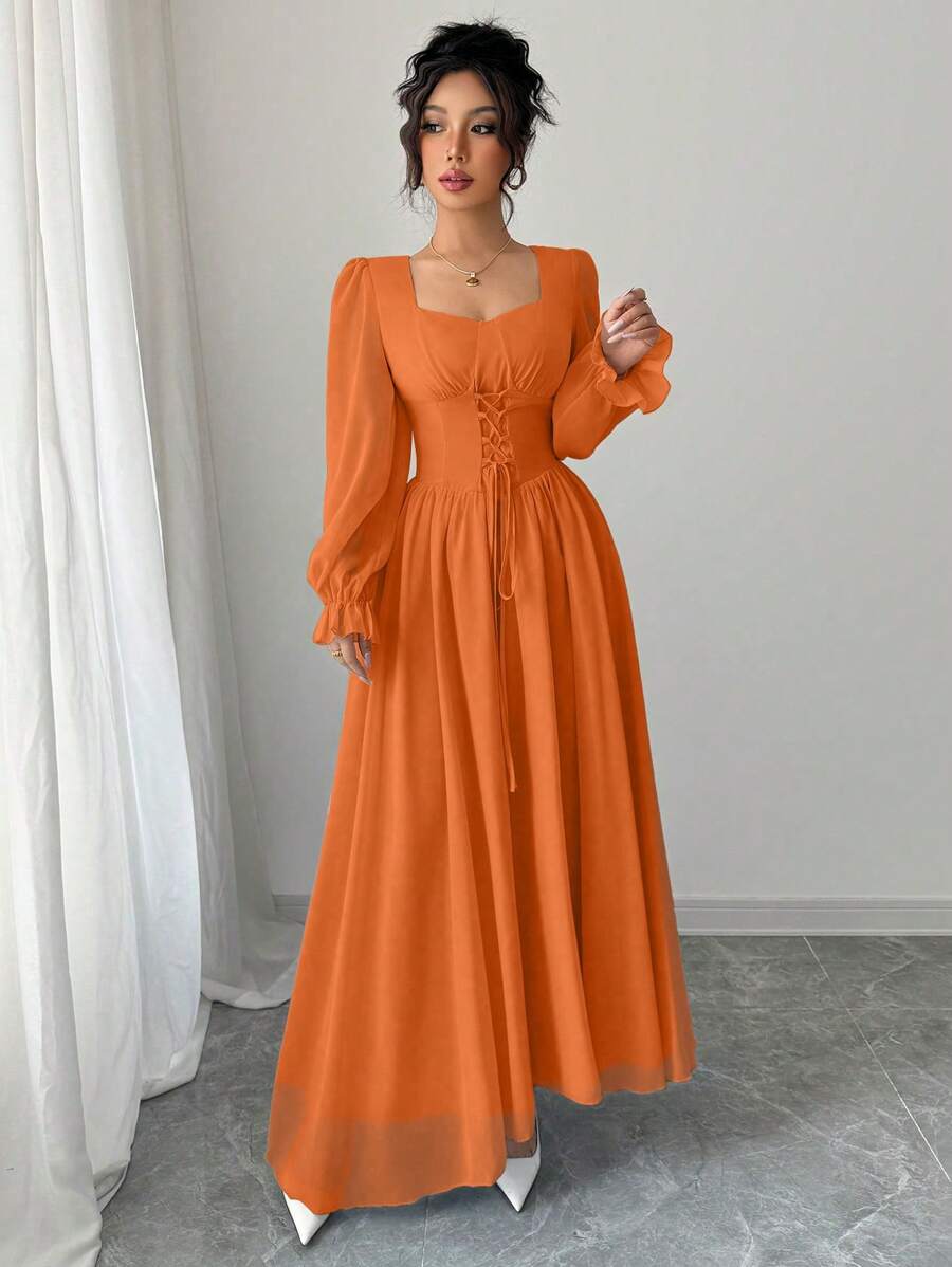 SHEIN Modelyn فستان برتقالي طويل بخصر مشدود وياقة فراشة