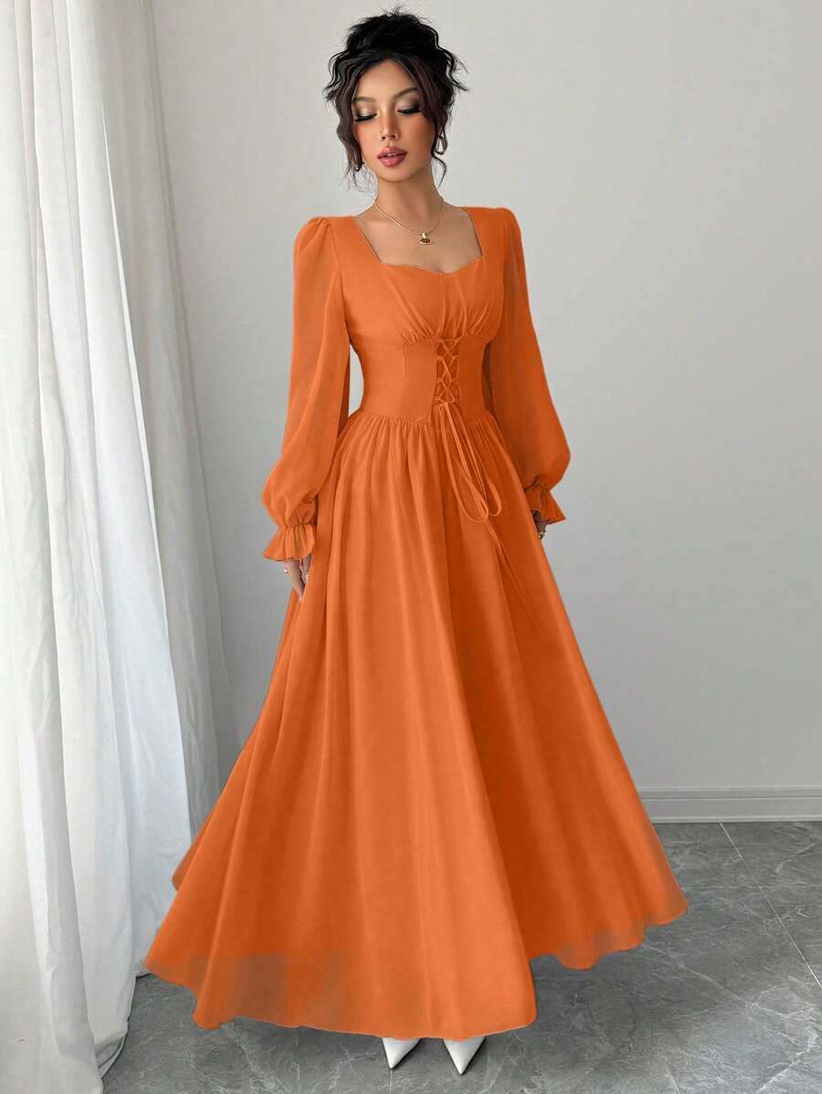 SHEIN Modelyn فستان برتقالي طويل بخصر مشدود وياقة فراشة