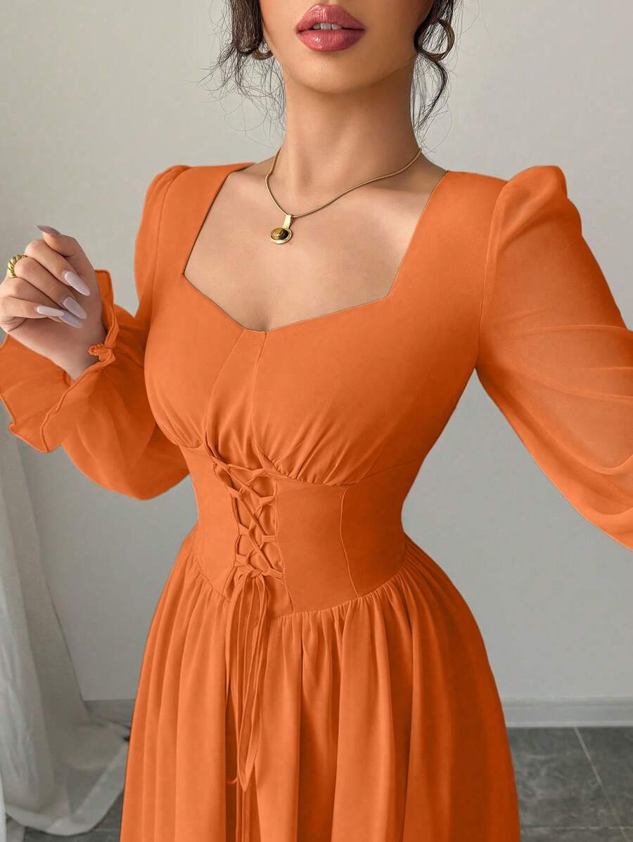 SHEIN Modelyn فستان برتقالي طويل بخصر مشدود وياقة فراشة