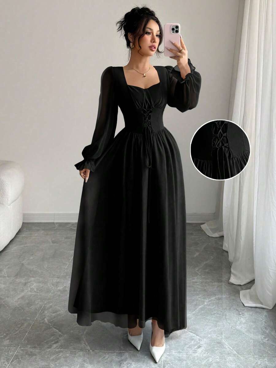 SHEIN Modelyn فستان اسود طويل بأكمام وخصر عالي