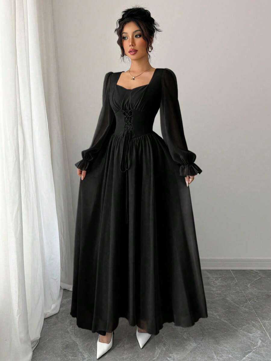 SHEIN Modelyn فستان اسود طويل بأكمام وخصر عالي