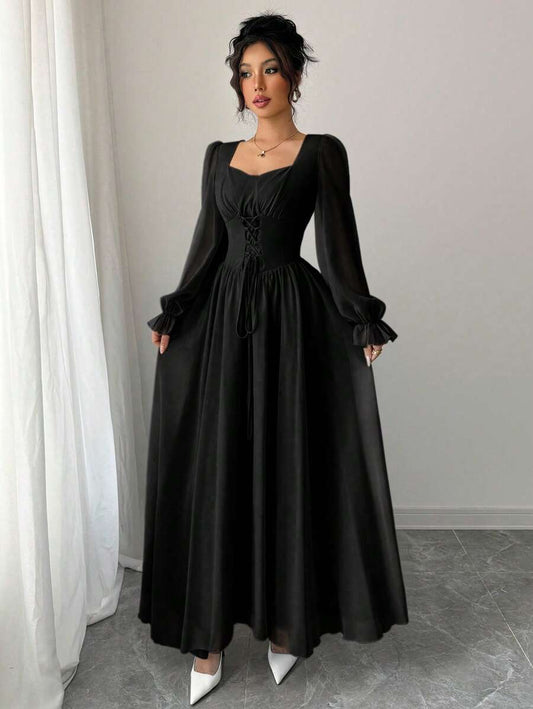 SHEIN Modelyn فستان اسود طويل بأكمام وخصر عالي